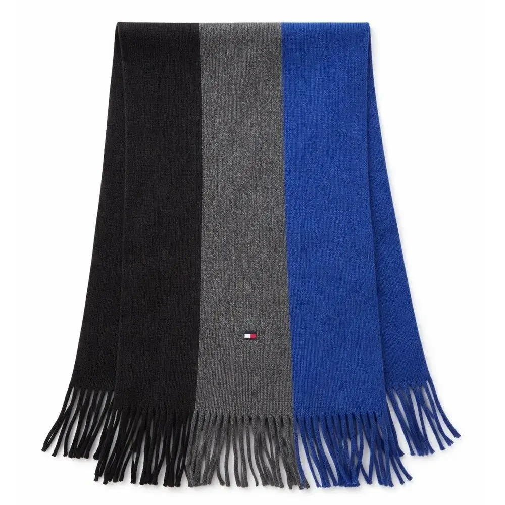 Tommy Hilfiger Stripe Scarf Fringe Men Wide Blue Gray Black